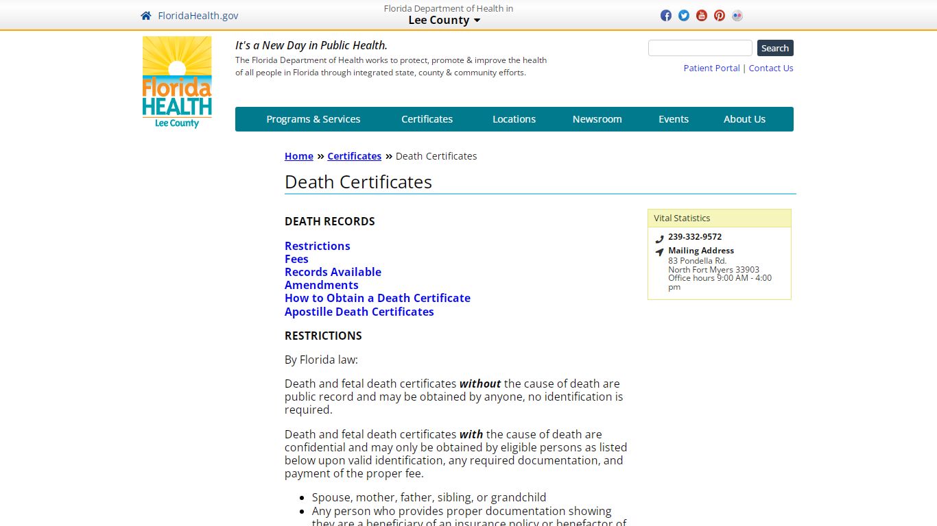 Death Certificates | Florida Department of Health in Lee
